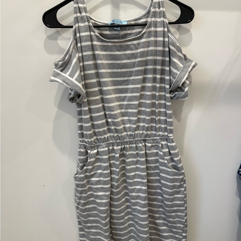 She + Sky Gray and White Striped Cold-Shoulder Dress